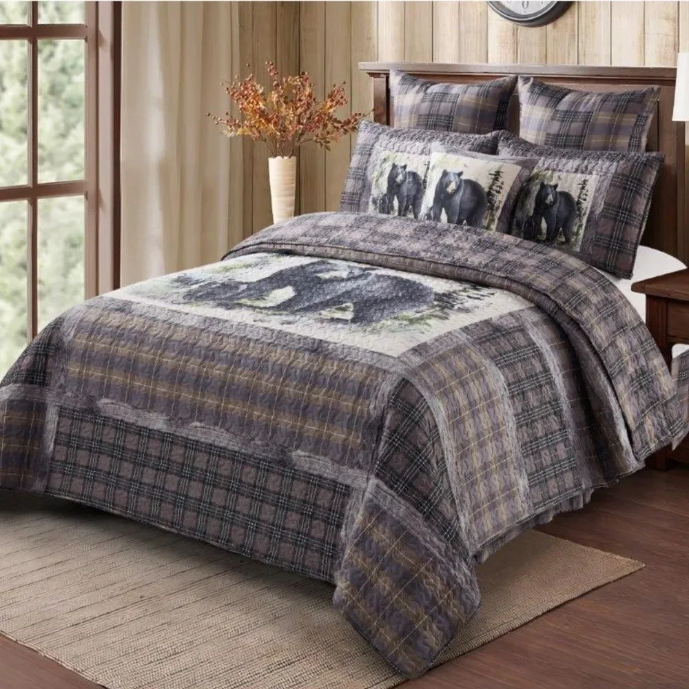 Black Bear Printed Queen Quilt Set Country Lodge Cabin Rustic Lightweight